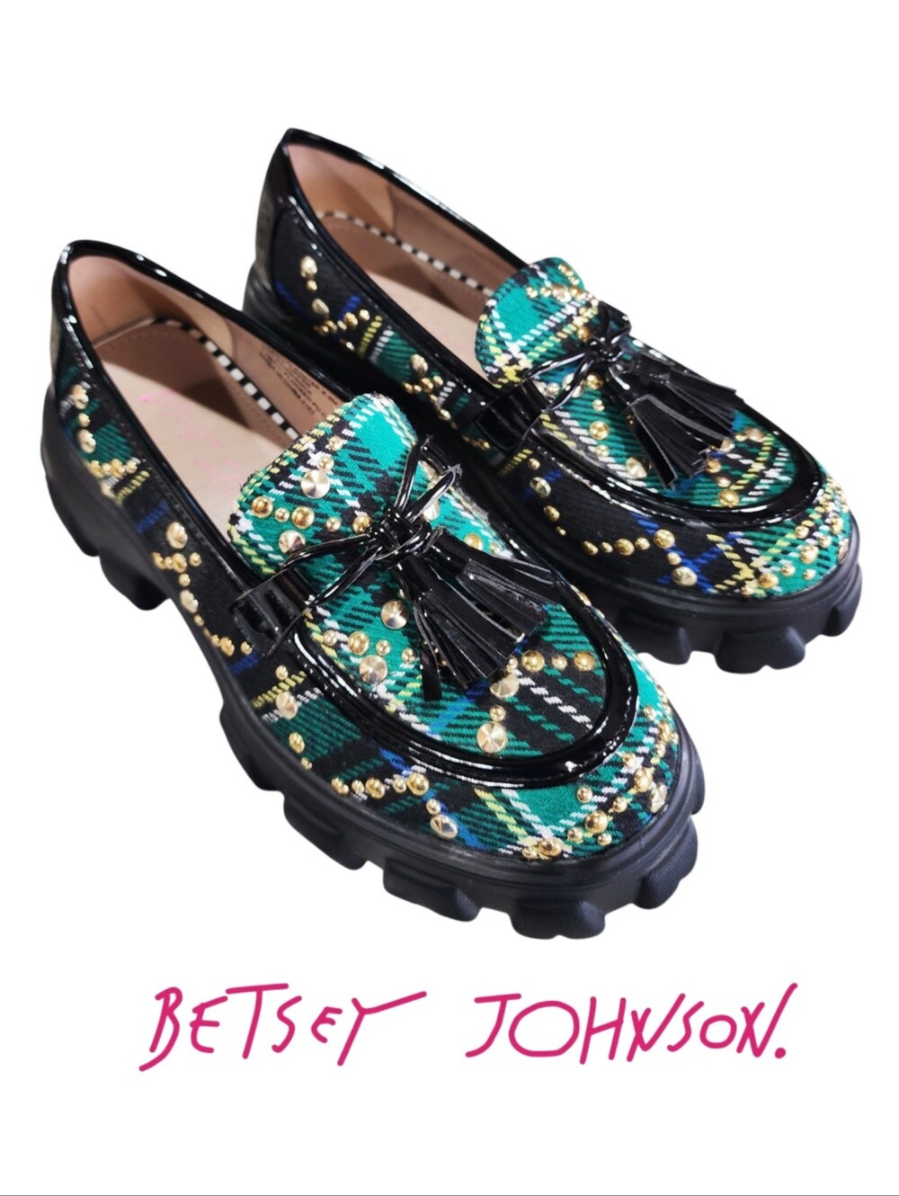 Betsey Johnson Aleah Green Plaid Studded Tassel Loafers 6.5 LIKE NEW